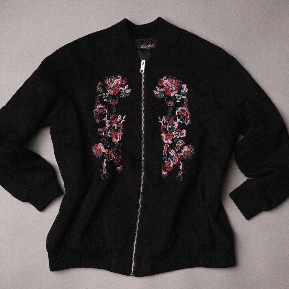 🍋3 for $20🍋 ROAMAN'S Floral Embroidered Black Bomber Jacket Size 14/16